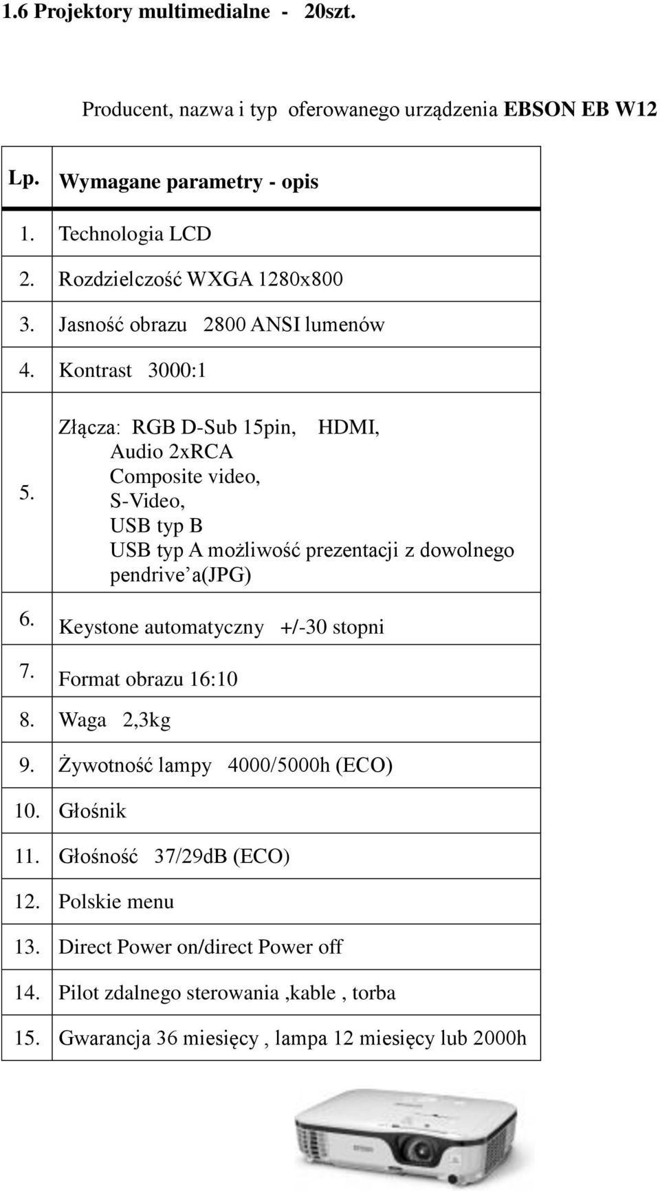 Kontrast 3000:1 Złącza: RGB D-Sub 15pin, HDMI, Audio 2xRCA Composite video, S-Video, USB typ B USB typ A możliwość prezentacji z dowolnego pendrive a(jpg) 6.