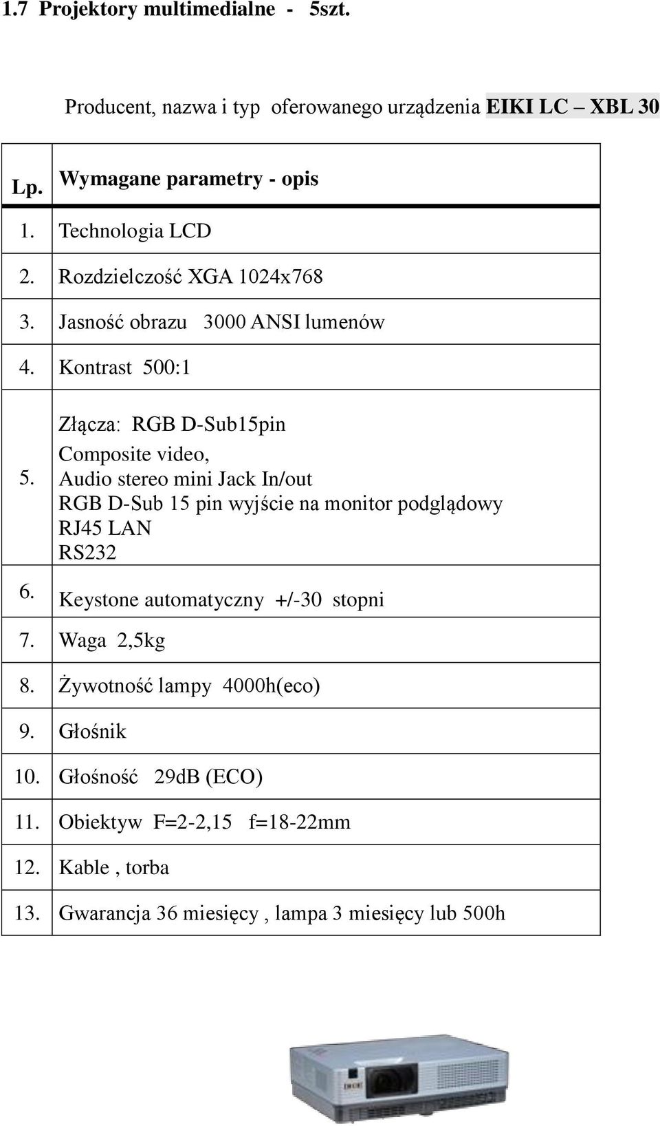 Kontrast 500:1 Złącza: RGB D-Sub15pin Composite video, Audio stereo mini Jack In/out RGB D-Sub 15 pin wyjście na monitor podglądowy RJ45