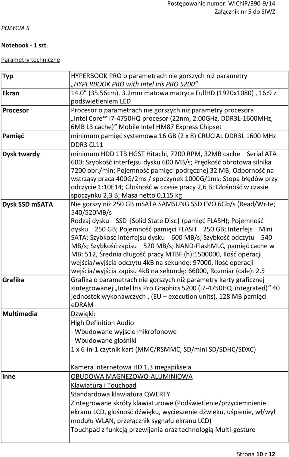 00GHz, DDR3L-1600MHz, 6MB L3 cache) Mobile Intel HM87 Express Chipset minimum pamięć systemowa 16 GB (2 x 8) CRUCIAL DDR3L 1600 MHz DDR3 CL11 minimum HDD 1TB HGST Hitachi, 7200 RPM, 32MB cache Serial
