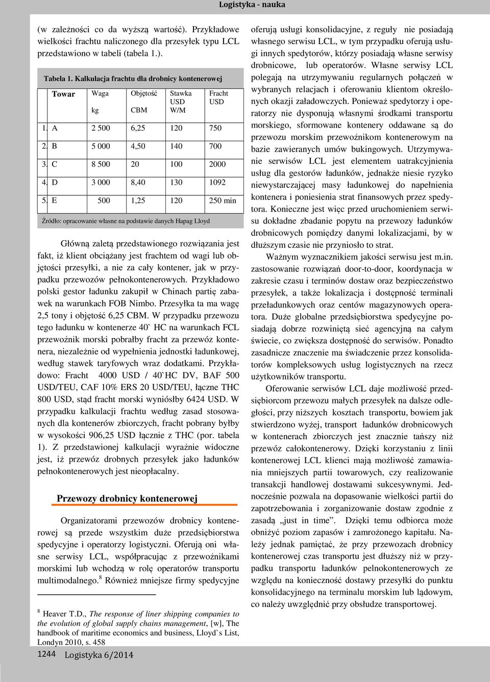 E 500 1,25 120 250 min Źródło: opracowanie własne na podstawie danych Hapag Lloyd Główną zaletą przedstawionego rozwiązania jest fakt, iż klient obciążany jest frachtem od wagi lub objętości