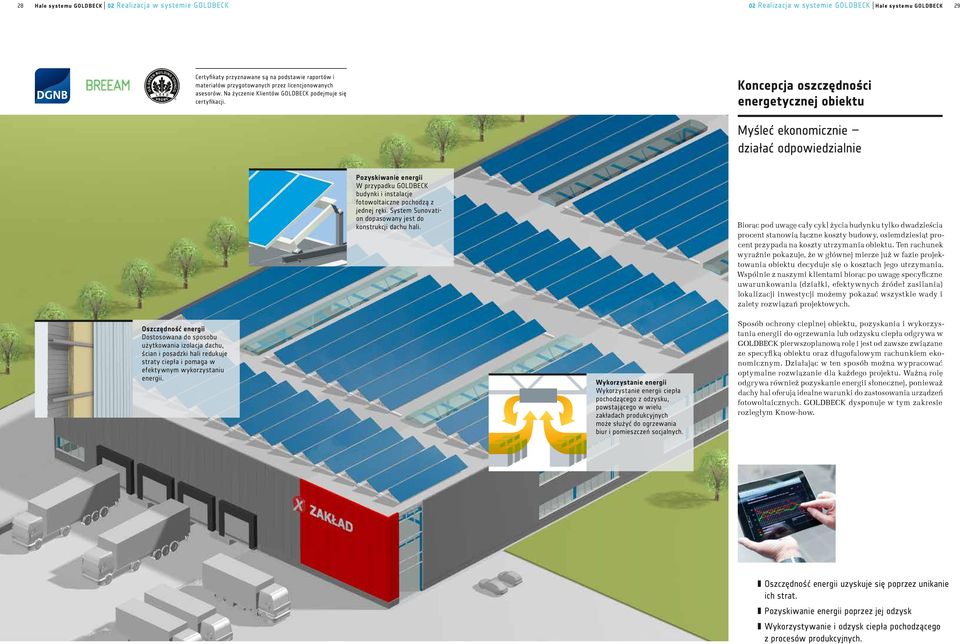 Koncepcja oszczędności energetycznej obiektu Myśleć ekonomicznie działać odpowiedzialnie Pozyskiwanie energii W przypadku GOLDBECK budynki i instalacje fotowoltaiczne pochodzą z jednej ręki.