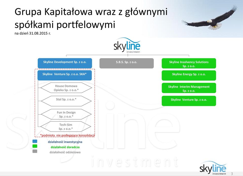 z o.o.* Skyline Interim Management Sp. z o.o. Skyline Venture Sp. z o.o. Fun In Design Sp. z o.o.* Tech-Sim Sp. z o.o.* *podmioty nie podlegające konsolidacji działalność inwestycyjna działalność doradcza działalność odzieżowa 3