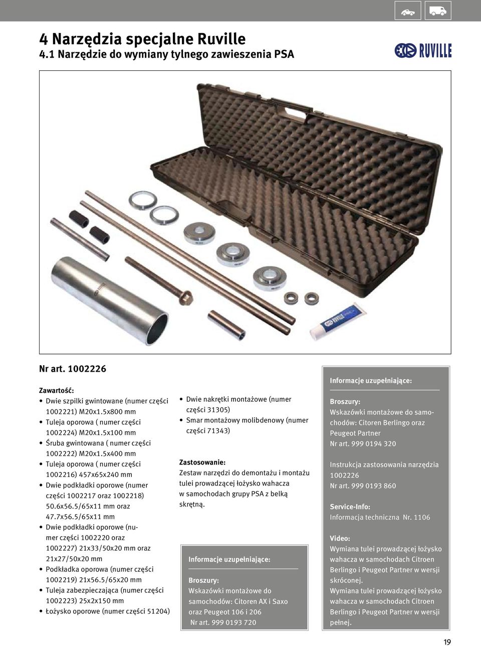 5x400 mm Tuleja oporowa ( numer części 1002216) 457x65x240 mm Dwie podkładki oporowe (numer części 1002217 oraz 1002218) 50.6x56.5/65x11 mm oraz 47.7x56.