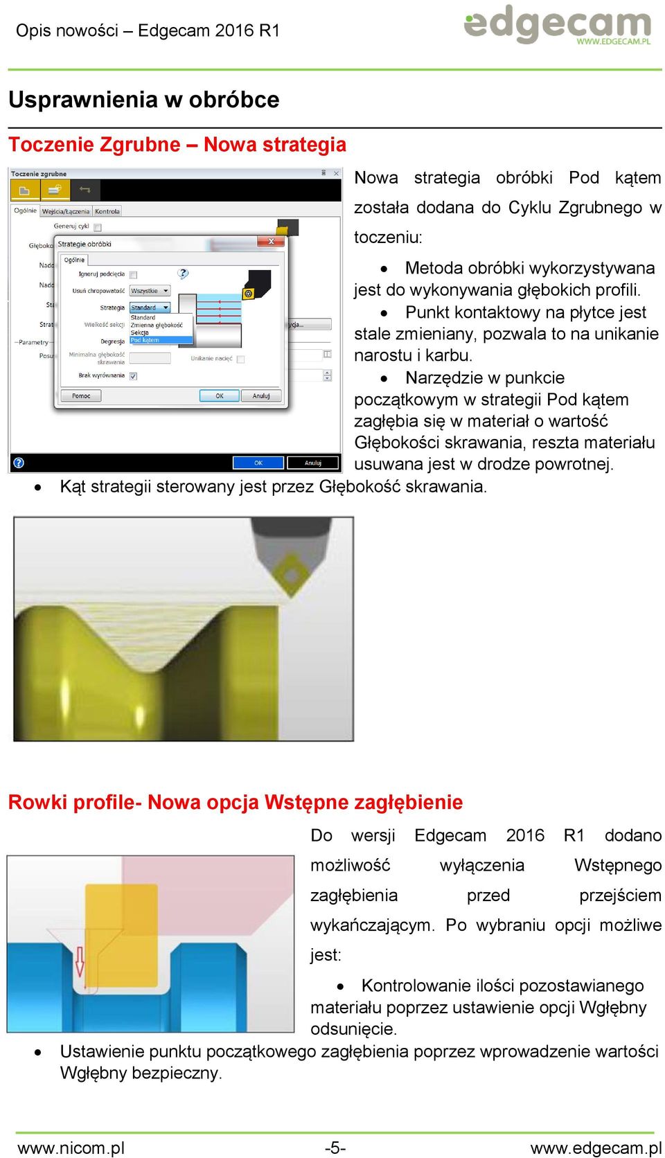 Narzędzie w punkcie początkowym w strategii Pod kątem zagłębia się w materiał o wartość Głębokości skrawania, reszta materiału usuwana jest w drodze powrotnej.