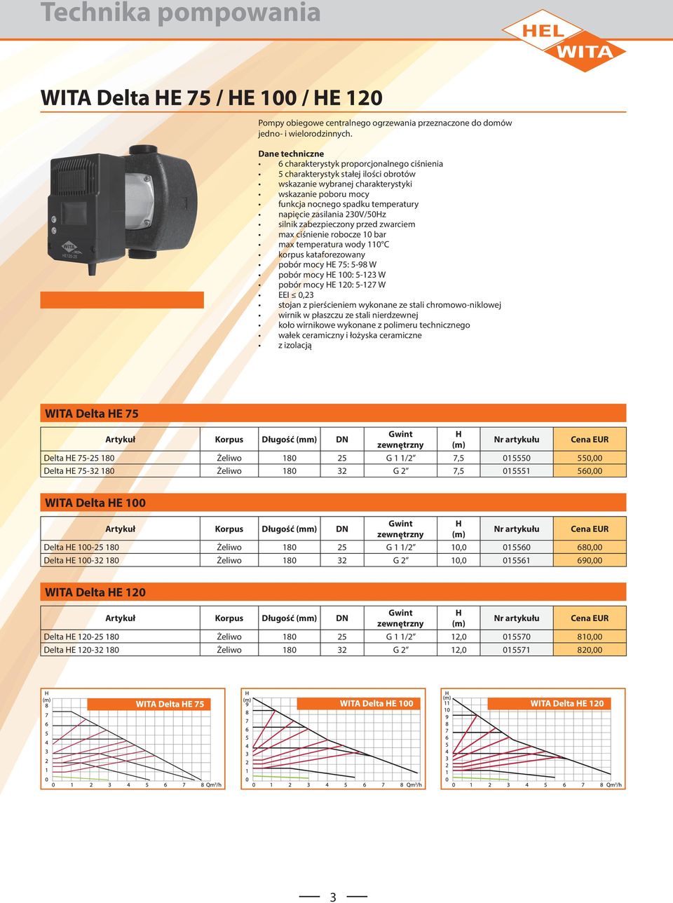 230V/50Hz silnik zabezpieczony przed zwarciem max ciśnienie robocze 10 bar max temperatura wody 110 C korpus kataforezowany pobór mocy HE 75: 5-98 W pobór mocy HE 100: 5-123 W pobór mocy HE 120: