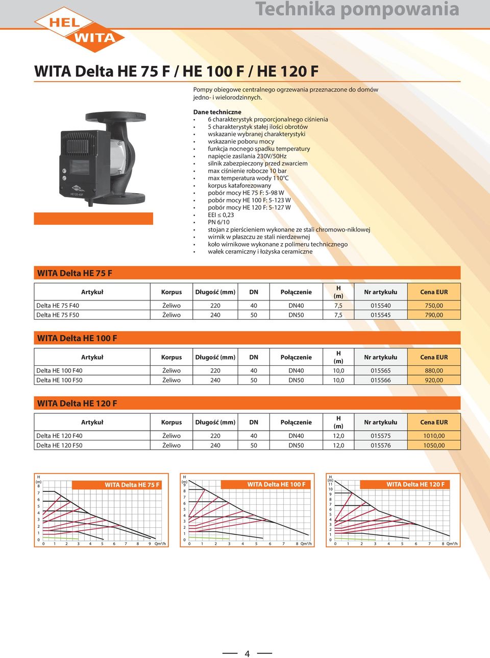 230V/50Hz silnik zabezpieczony przed zwarciem max ciśnienie robocze 10 bar max temperatura wody 110 C korpus kataforezowany pobór mocy HE 75 F: 5-98 W pobór mocy HE 100 F: 5-123 W pobór mocy HE 120