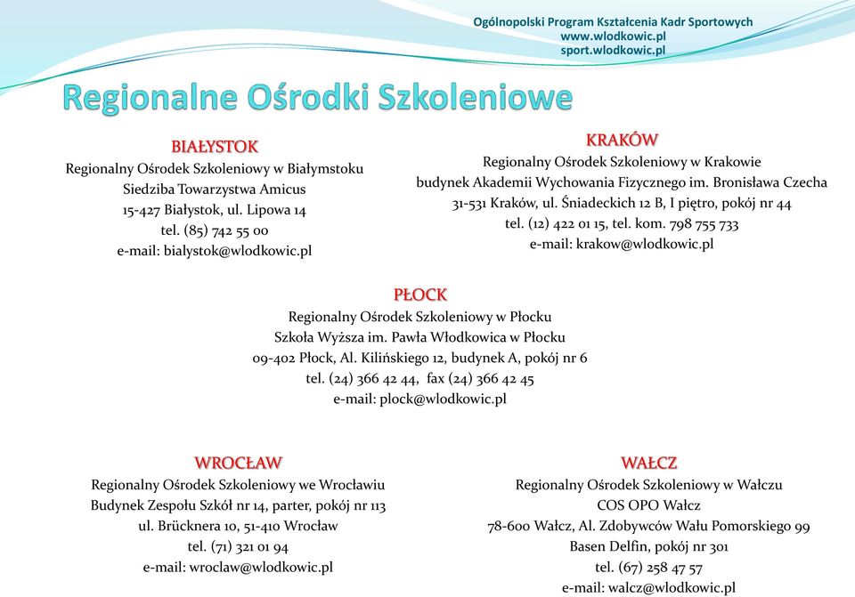 kom. 798 755 733 e-mail: krakow@wlodkowic.pl PŁOCK Regionalny Ośrodek Szkoleniowy w Płocku Szkoła Wyższa im. Pawła Włodkowica w Płocku 09-402 Płock, Al. Kilińskiego 12, budynek A, pokój nr 6 tel.