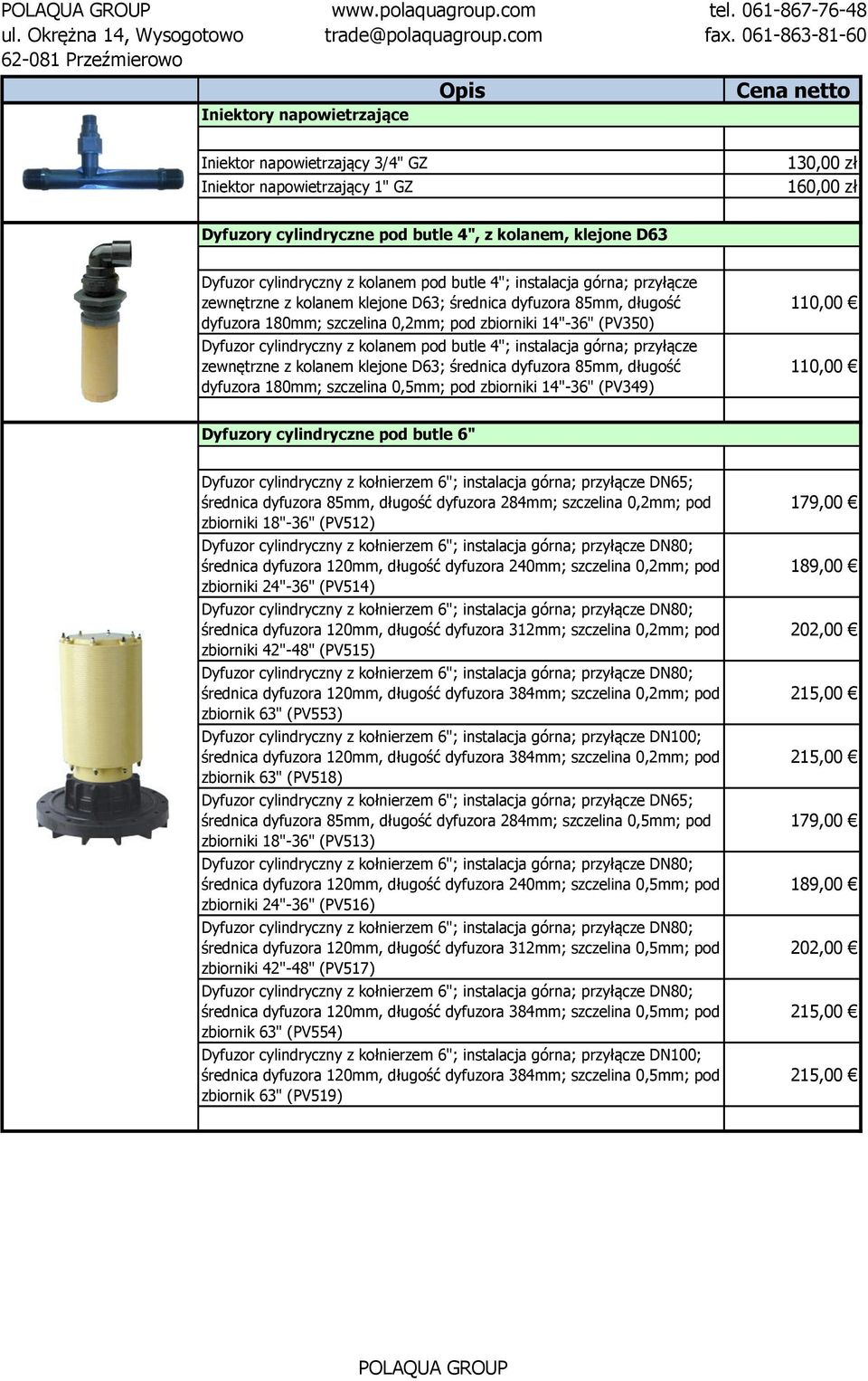 kolanem pod butle 4"; instalacja górna; przyłącze zewnętrzne z kolanem klejone D63; średnica dyfuzora 85mm, długość dyfuzora 180mm; szczelina 0,5mm; pod zbiorniki 14"-36" (PV349) 110,00 110,00