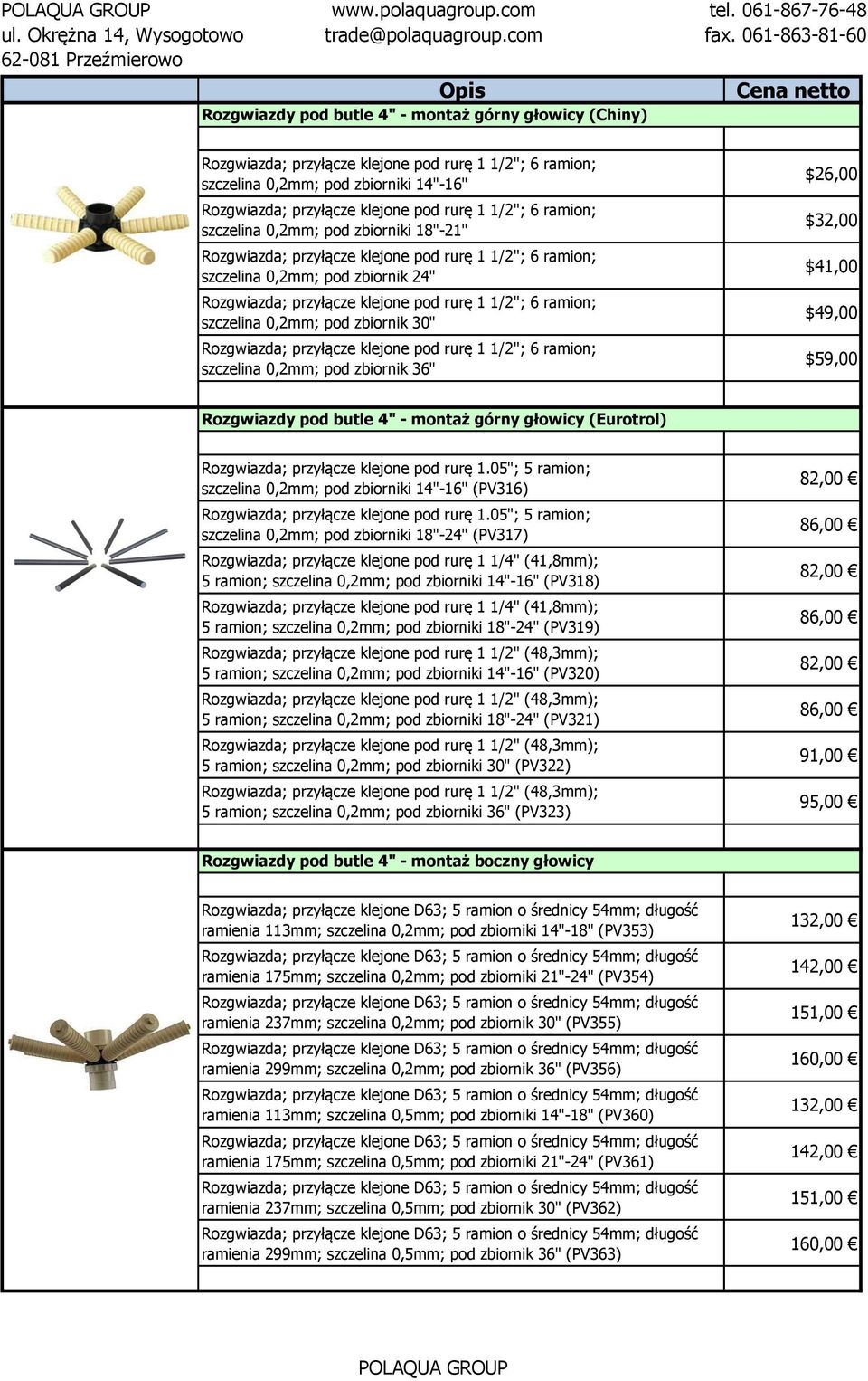 05"; 5 ramion; szczelina 0,2mm; pod zbiorniki 14"-16" (PV316) Rozgwiazda; przyłącze klejone pod rurę 1.