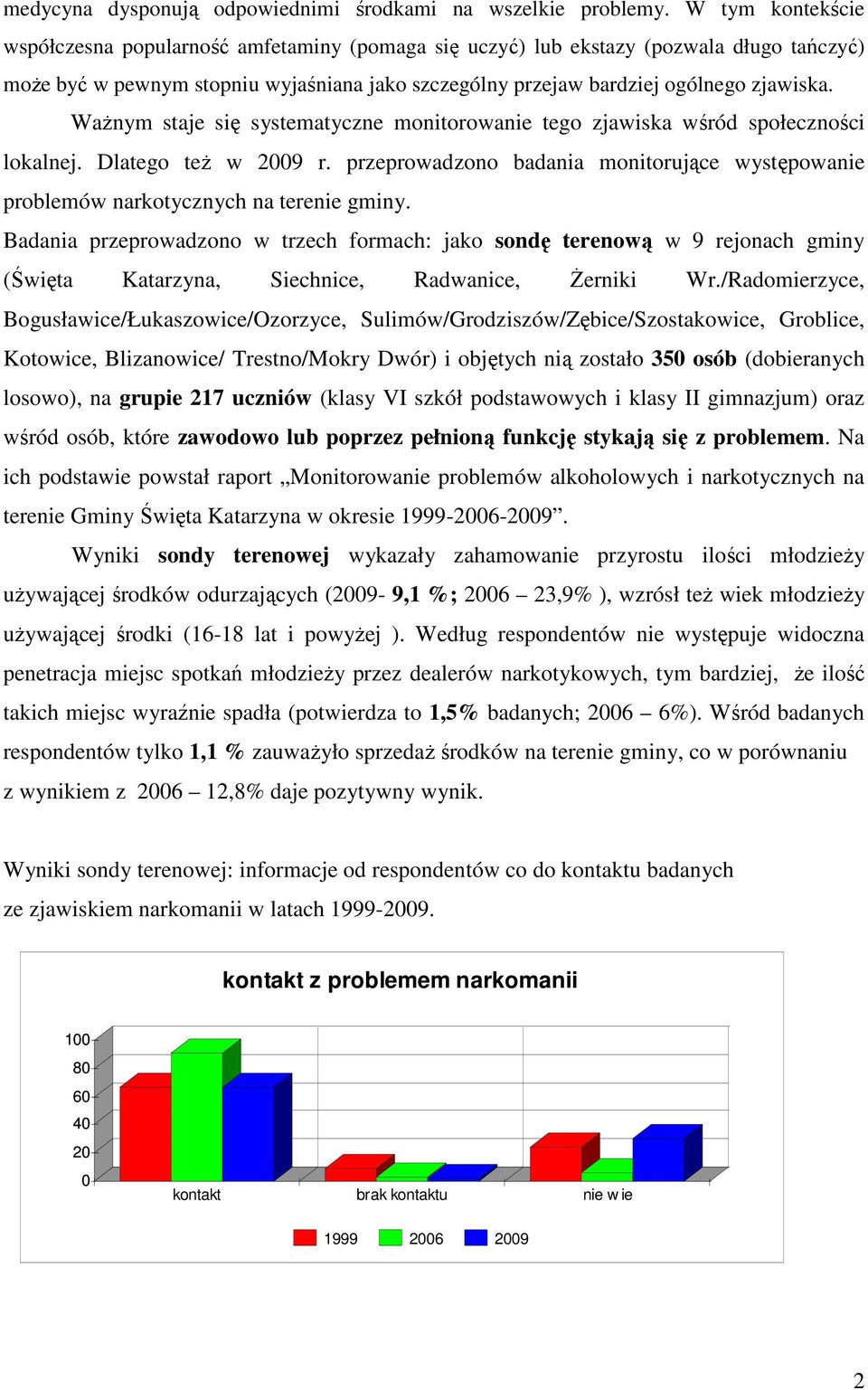 WaŜnym staje się systematyczne monitorowanie tego zjawiska wśród społeczności lokalnej. Dlatego teŝ w 29 r. przeprowadzono badania monitorujące występowanie problemów narkotycznych na terenie gminy.