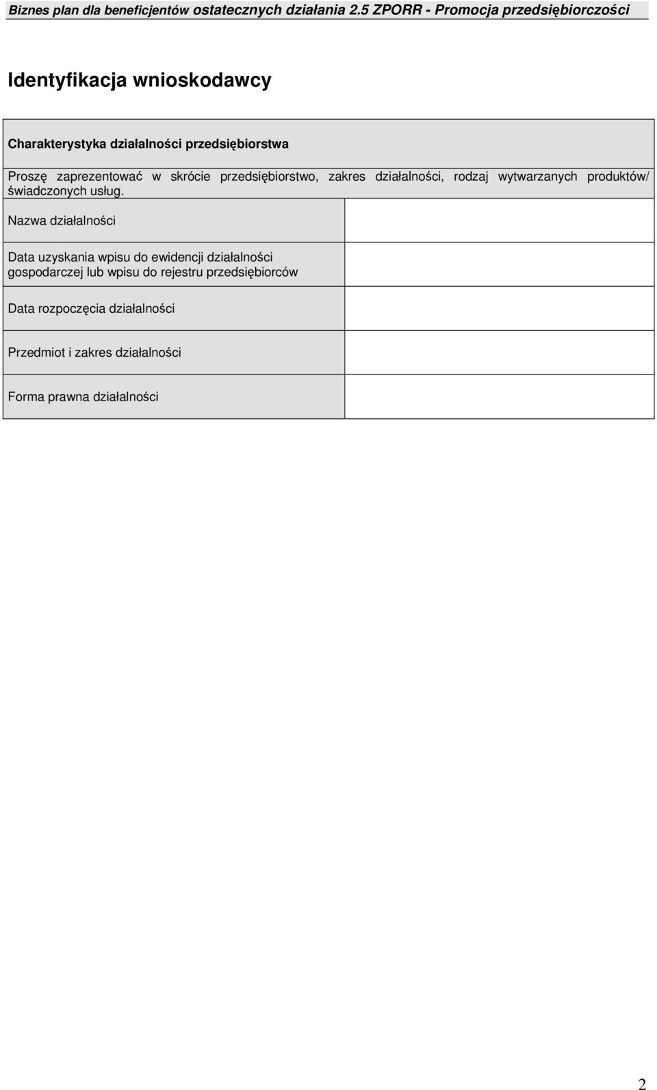 Nazwa działalności Data uzyskania wpisu do ewidencji działalności gospodarczej lub wpisu do