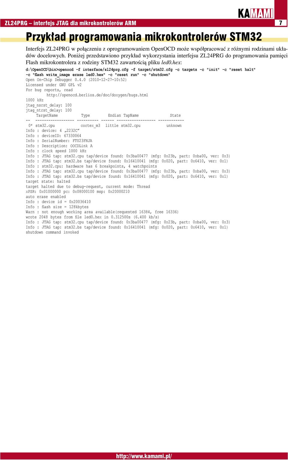 hex: d:\openocd\bin>openocd -f interface/zl24prg.cfg -f target/stm32.cfg -c targets -c "init" -c "reset halt" -c "flash write_image erase led0.