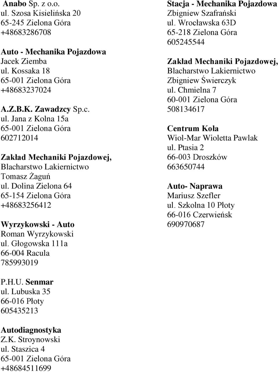 Wrocławska 63D 65-218 Zielona Góra 605245544 Zakład Mechaniki Pojazdowej, Blacharstwo Lakiernictwo Zbigniew Świerczyk ul.