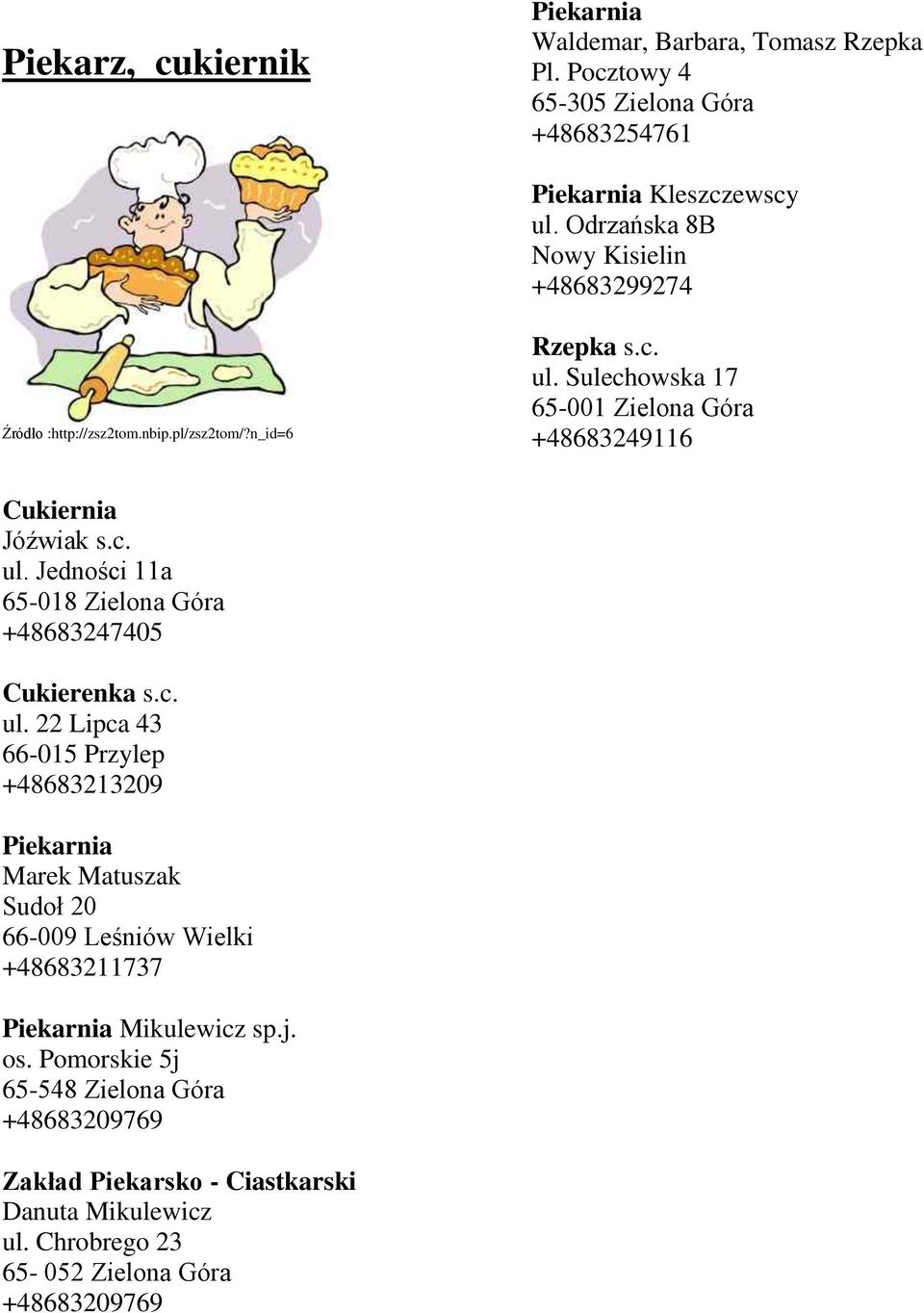 c. ul. 22 Lipca 43 66-015 Przylep +48683213209 Piekarnia Marek Matuszak Sudoł 20 66-009 Leśniów Wielki +48683211737 Piekarnia Mikulewicz sp.j. os.
