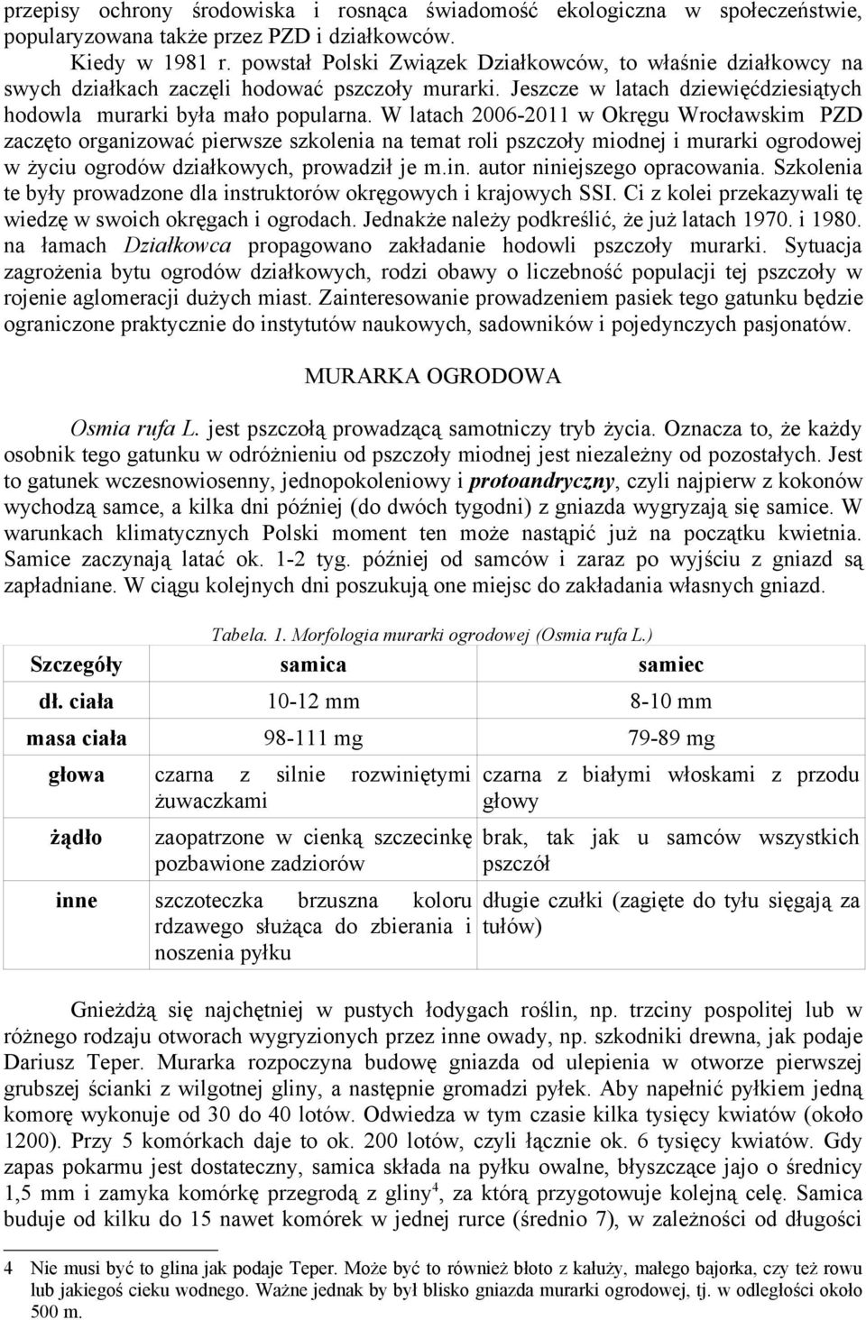 W latach 2006-2011 w Okręgu Wrocławskim PZD zaczęto organizować pierwsze szkolenia na temat roli pszczoły miodnej i murarki ogrodowej w życiu ogrodów działkowych, prowadził je m.in.