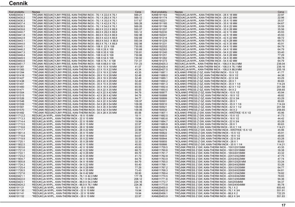 5 TRÓJNIK REDUKCYJNY PRESS, KAN-THERM INOX - 76,1 X 54,0 X 76,1 569.05 KAN620439.6 TRÓJNIK REDUKCYJNY PRESS, KAN-THERM INOX - 88,9 X 22,0 X 88,9 593.07 KAN620440.