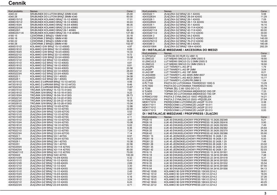 42 4098G35/11/4 ŚRUBUNEK KOLANKO BRĄZ 35-11/4 4098G 127.83 4180 15 CZWÓRNIK Z BRĄZU 15MM 4180 30.18 4180 18 CZWORNIK Z BRĄZU 18MM 4180 38.88 4180 22 CZWÓRNIK Z BRĄZU 22MM 4180 56.
