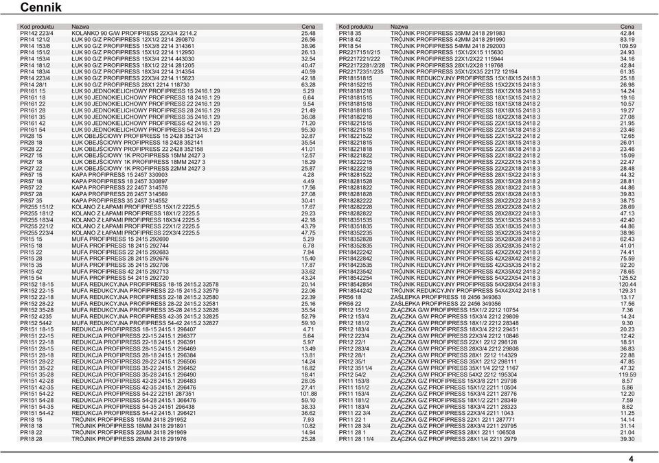 47 PR14 183/4 ŁUK 90 G/Z PROFIPRESS 18X3/4 2214 314354 40.59 PR14 223/4 ŁUK 90 G/Z PROFIPRESS 22X3/4 2214 115623 42.18 PR14 28/1 ŁUK 90 G/Z PROFIPRESS 28X1 2214 118730 63.