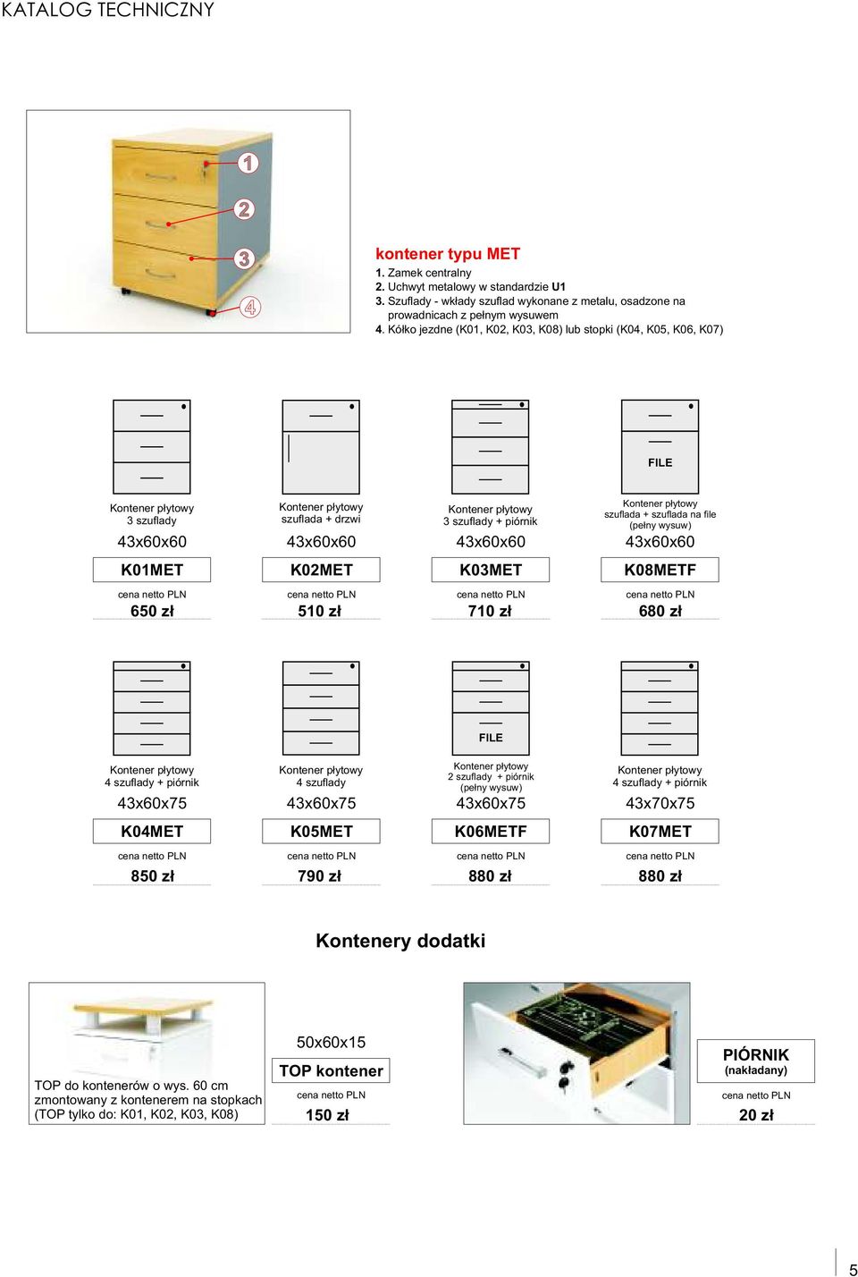 z pełnym wysuwem + piórnik K01MET szuflada + szuflada na file K02MET