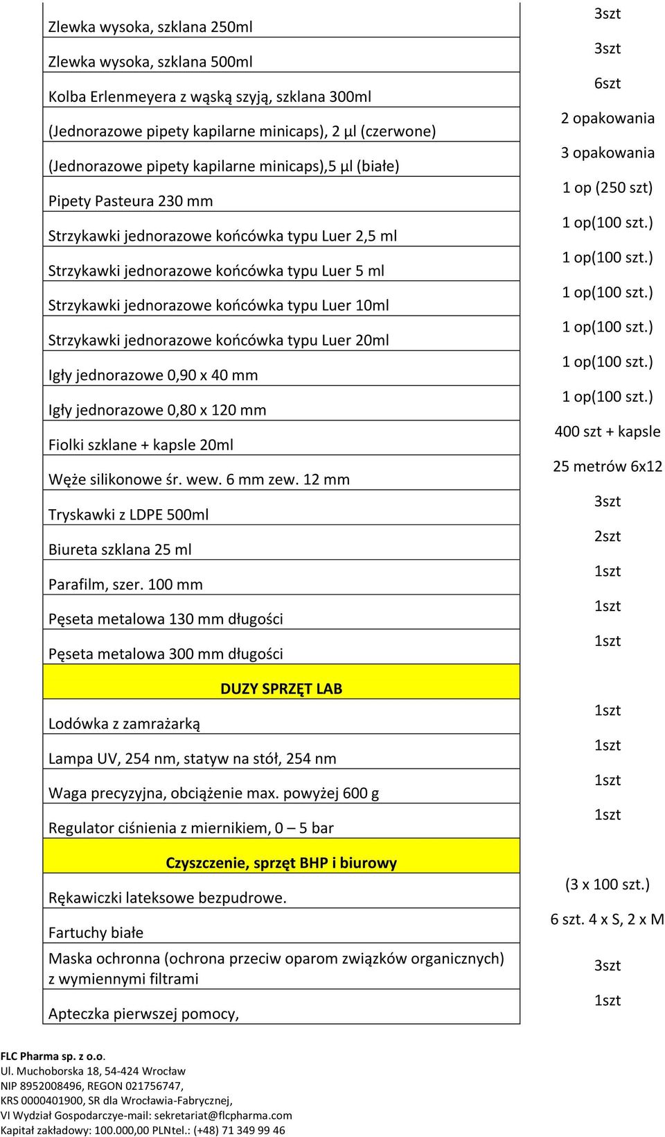 jednorazowe koocówka typu Luer 20ml Igły jednorazowe 0,90 x 40 mm Igły jednorazowe 0,80 x 120 mm Fiolki szklane + kapsle 20ml Węże silikonowe śr. wew. 6 mm zew.