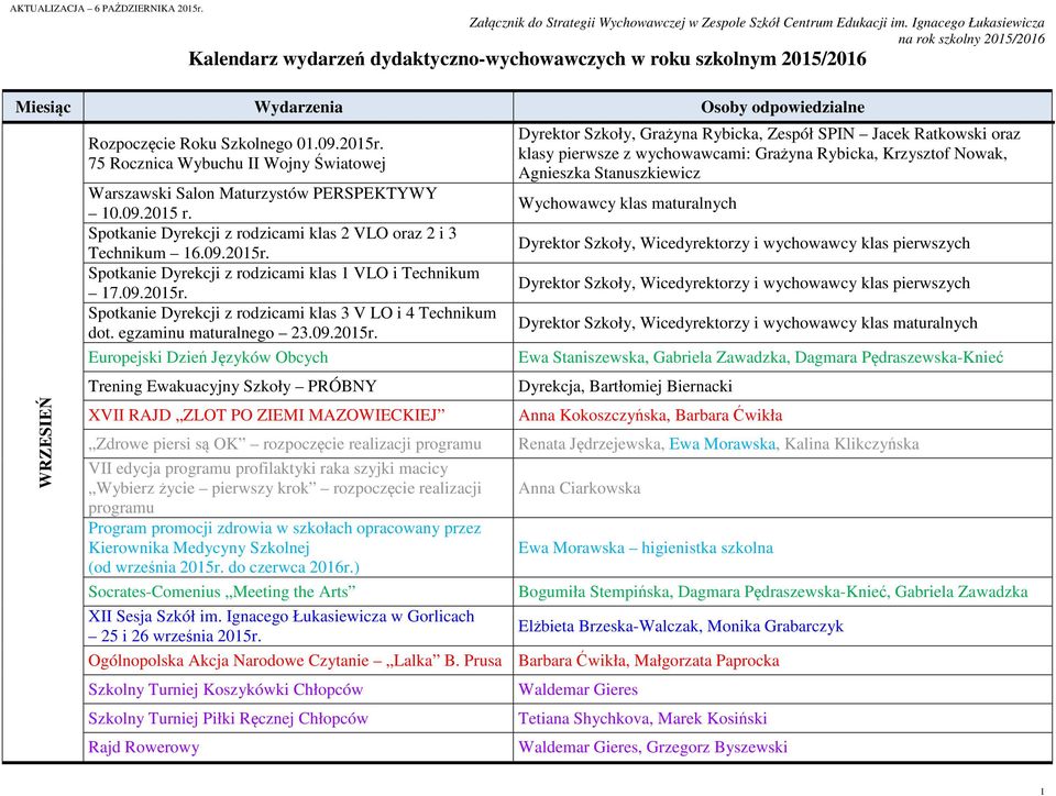 75 Rocznica Wybuchu II Wojny Światowej Warszawski Salon Maturzystów PERSPEKTYWY 10.09.2015 r. Spotkanie Dyrekcji z rodzicami klas 2 VLO oraz 2 i 3 Technikum 16.09.2015r.