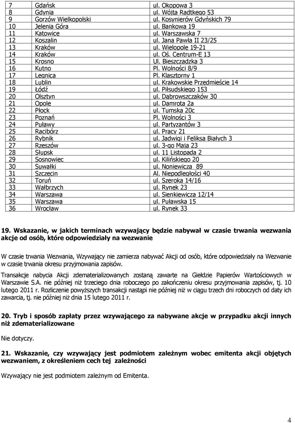 Krakowskie Przedmieście 14 19 Łódź ul. Piłsudskiego 153 20 Olsztyn ul. Dąbrowszczaków 30 21 Opole ul. Damrota 2a 22 Płock ul. Tumska 20c 23 Poznań Pl. Wolności 3 24 Puławy ul.