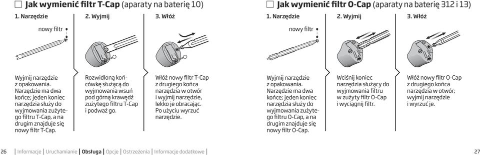 Rozwidloną końcówkę służącą do wyjmowania wsuń pod górną krawędź zużytego filtru T-Cap i podważ go. Włóż nowy filtr T-Cap z drugiego końca narzędzia w otwór i wyjmij narzędzie, lekko je obracając.
