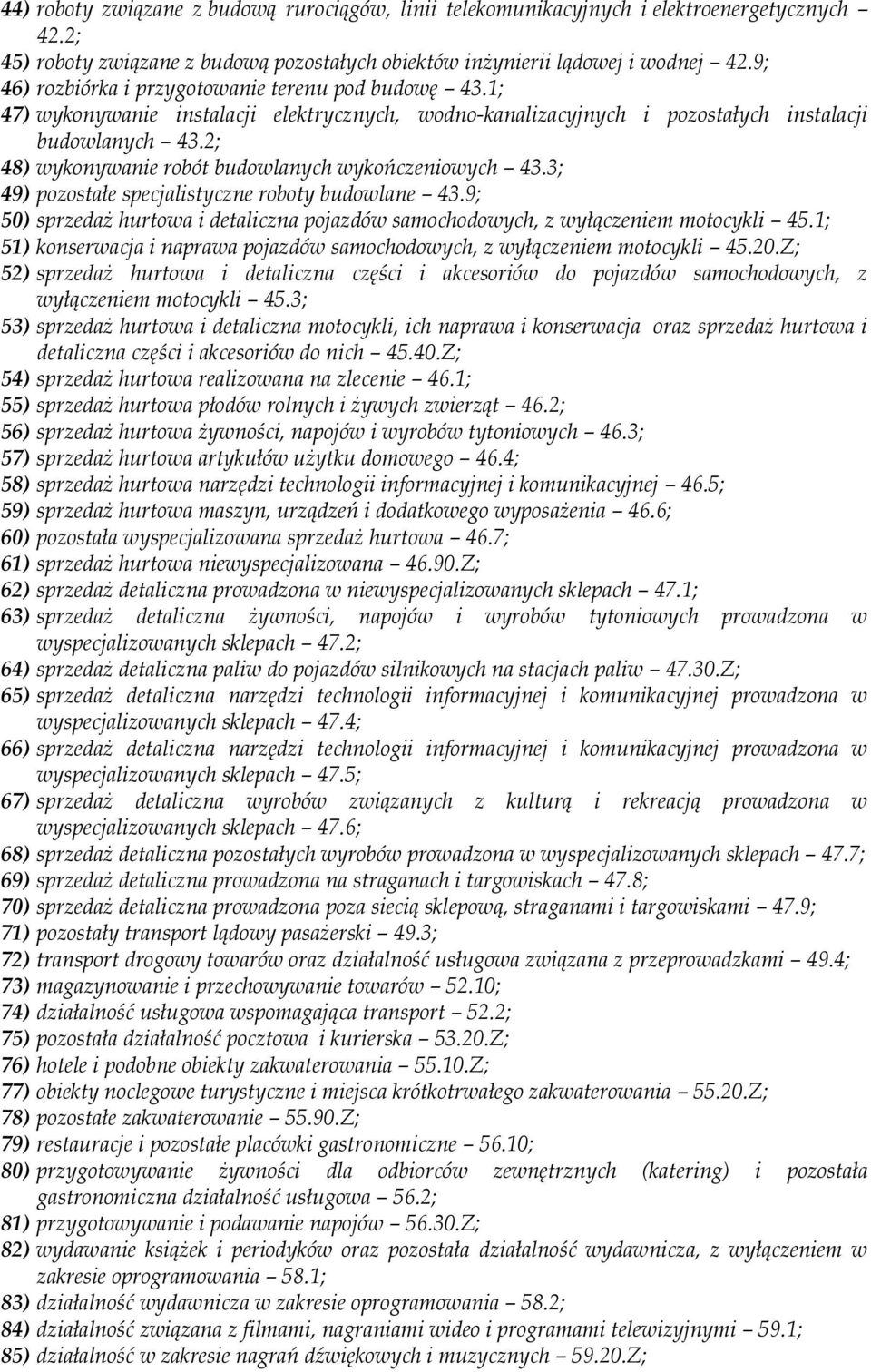 2; 48) wykonywanie robót budowlanych wykończeniowych 43.3; 49) pozostałe specjalistyczne roboty budowlane 43.9; 50) sprzedaż hurtowa i detaliczna pojazdów samochodowych, z wyłączeniem motocykli 45.