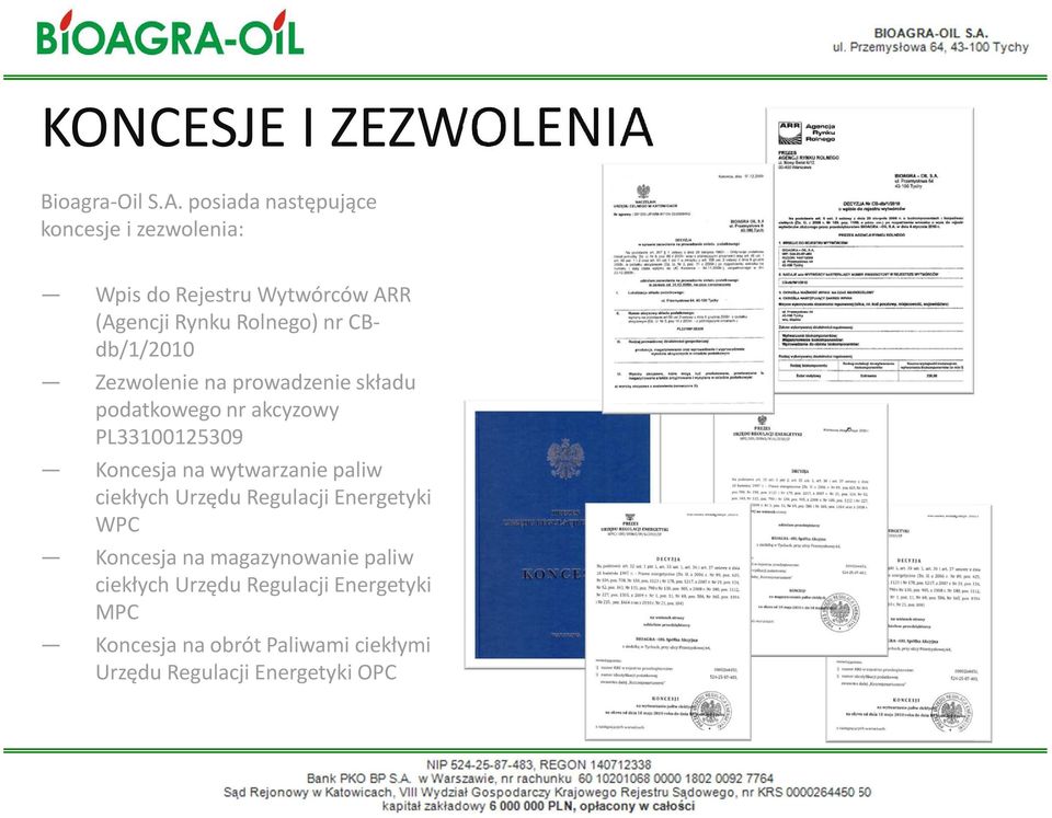 posiada następujące koncesje i zezwolenia: Wpis do Rejestru Wytwórców ARR (Agencji Rynku Rolnego) nr