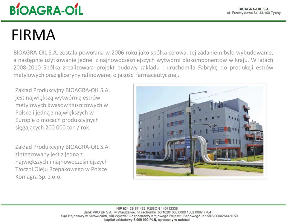 W latach 2008-2010 Spółka zrealizowała projekt budowy zakładu i uruchomiła Fabrykę do produkcji estrów metylowych oraz gliceryny rafinowanej o jakości farmaceutycznej.