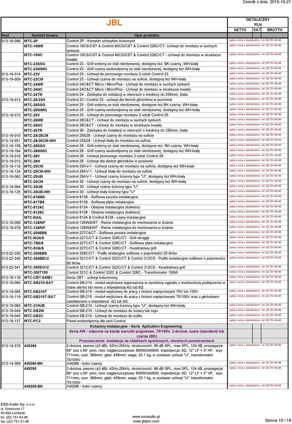 wodoodporny ze stali nierdzewnej, dostępny też WH-biały 013-19-014 MTC-23V Control 23 - Uchwyt do pionowego montażu 3 sztuk Control 23 013-19-009 MTC-23CM Control 23 - Uchwyt czarny do montażu na