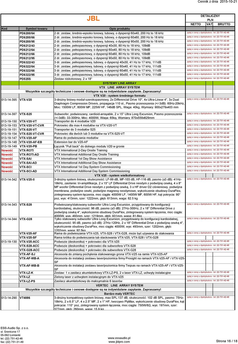 zestaw, pełnopasmowy, o dyspersji 60x40, 80 Hz to 18 khz, 109dB PD6212/66 2 dr. zestaw, pełnopasmowy, o dyspersji 60x60, 80 Hz to 18 khz, 109dB PD6212/95 2 dr.