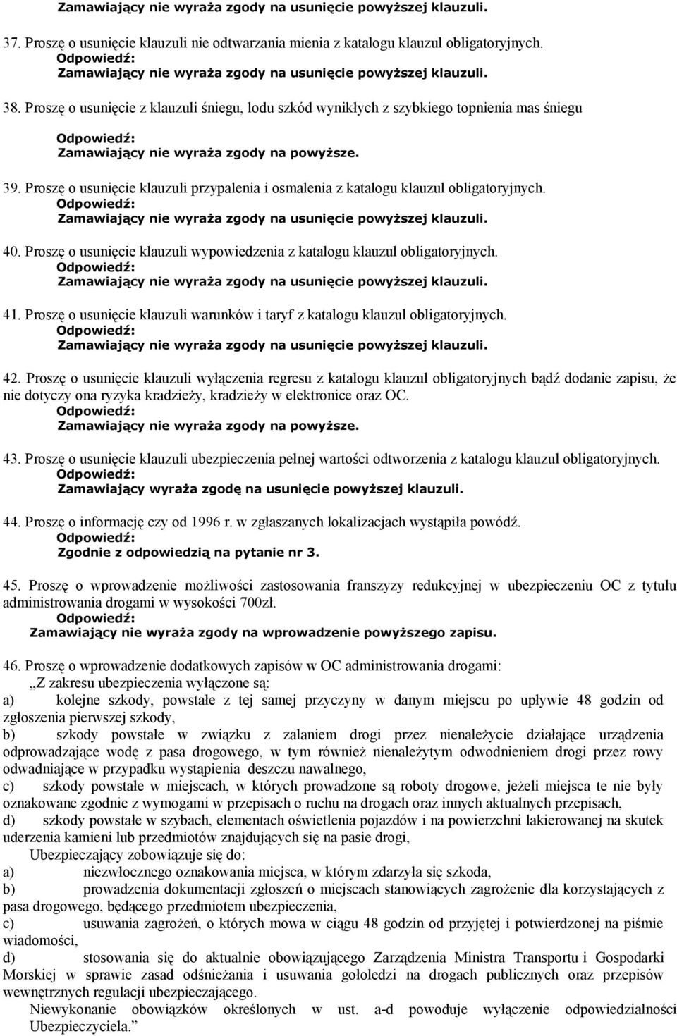 Proszę o usunięcie klauzuli przypalenia i osmalenia z katalogu klauzul obligatoryjnych. 40. Proszę o usunięcie klauzuli wypowiedzenia z katalogu klauzul obligatoryjnych. 41.