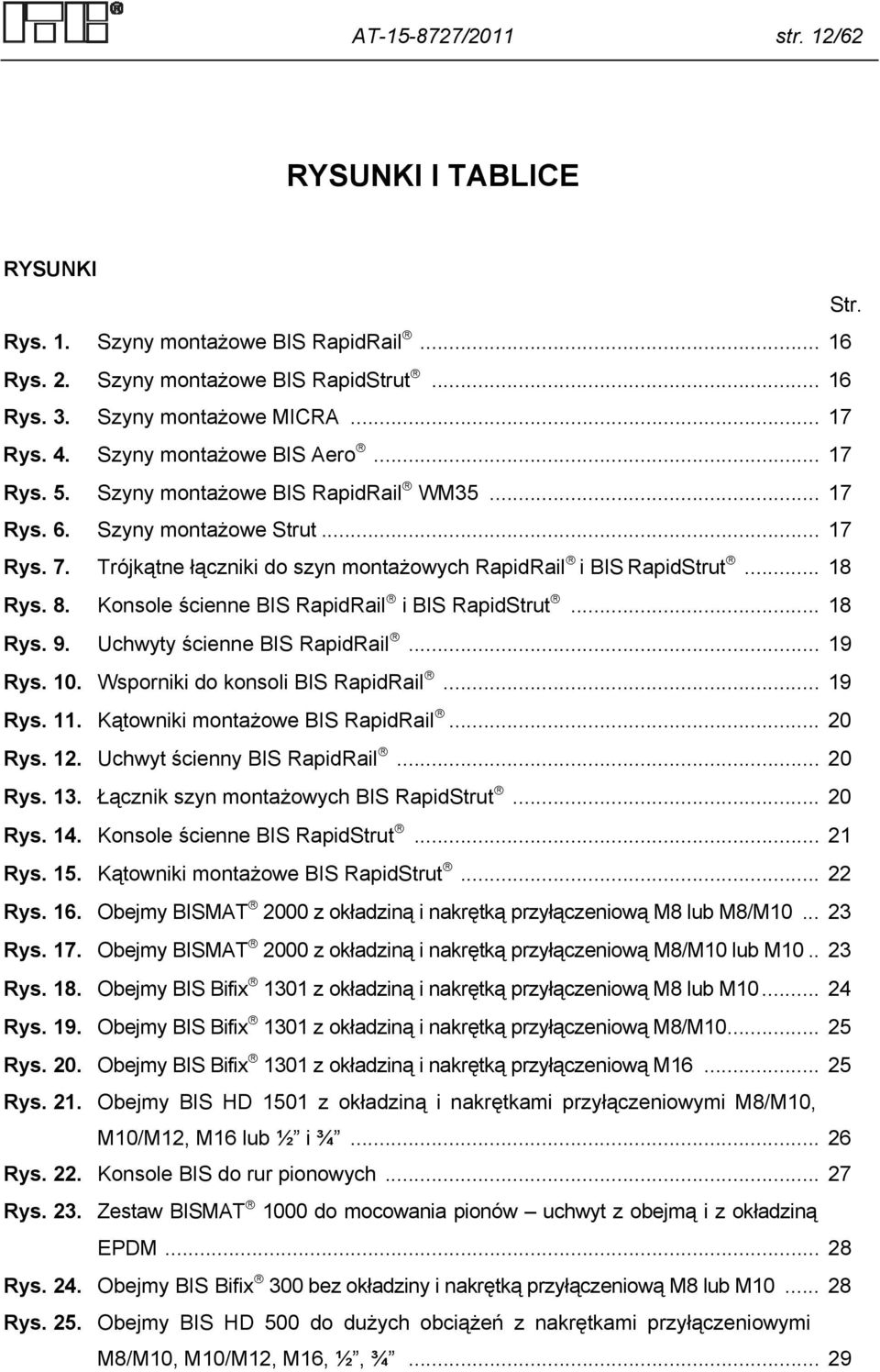 8. Konsole ścienne BIS RapidRail i BIS RapidStrut... 18 Rys. 9. Uchwyty ścienne BIS RapidRail... 19 Rys. 10. Wsporniki do konsoli BIS RapidRail... 19 Rys. 11. Kątowniki montażowe BIS RapidRail.