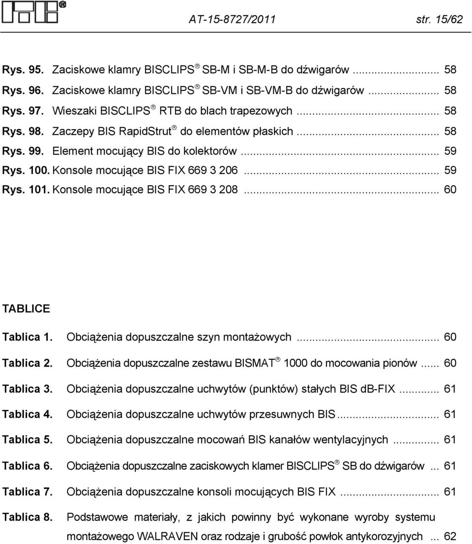 Konsole mocujące BIS FIX 669 3 206... 59 Rys. 101. Konsole mocujące BIS FIX 669 3 208... 60 TABLICE Tablica 1. Obciążenia dopuszczalne szyn montażowych... 60 Tablica 2.