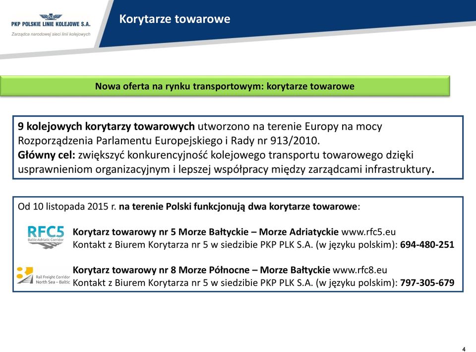 Od 10 listopada 2015 r. na terenie Polski funkcjonują dwa korytarze towarowe: Korytarz towarowy nr 5 Morze Bałtyckie Morze Adriatyckie www.rfc5.