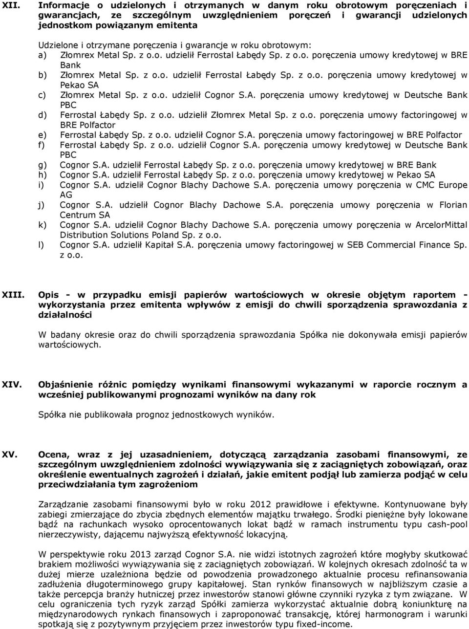 z o.o. udzielił Cognor S.A. poręczenia umowy kredytowej w Deutsche Bank PBC d) Ferrostal Łabędy Sp. z o.o. udzielił Złomrex Metal Sp. z o.o. poręczenia umowy factoringowej w BRE Polfactor e) Ferrostal Łabędy Sp.