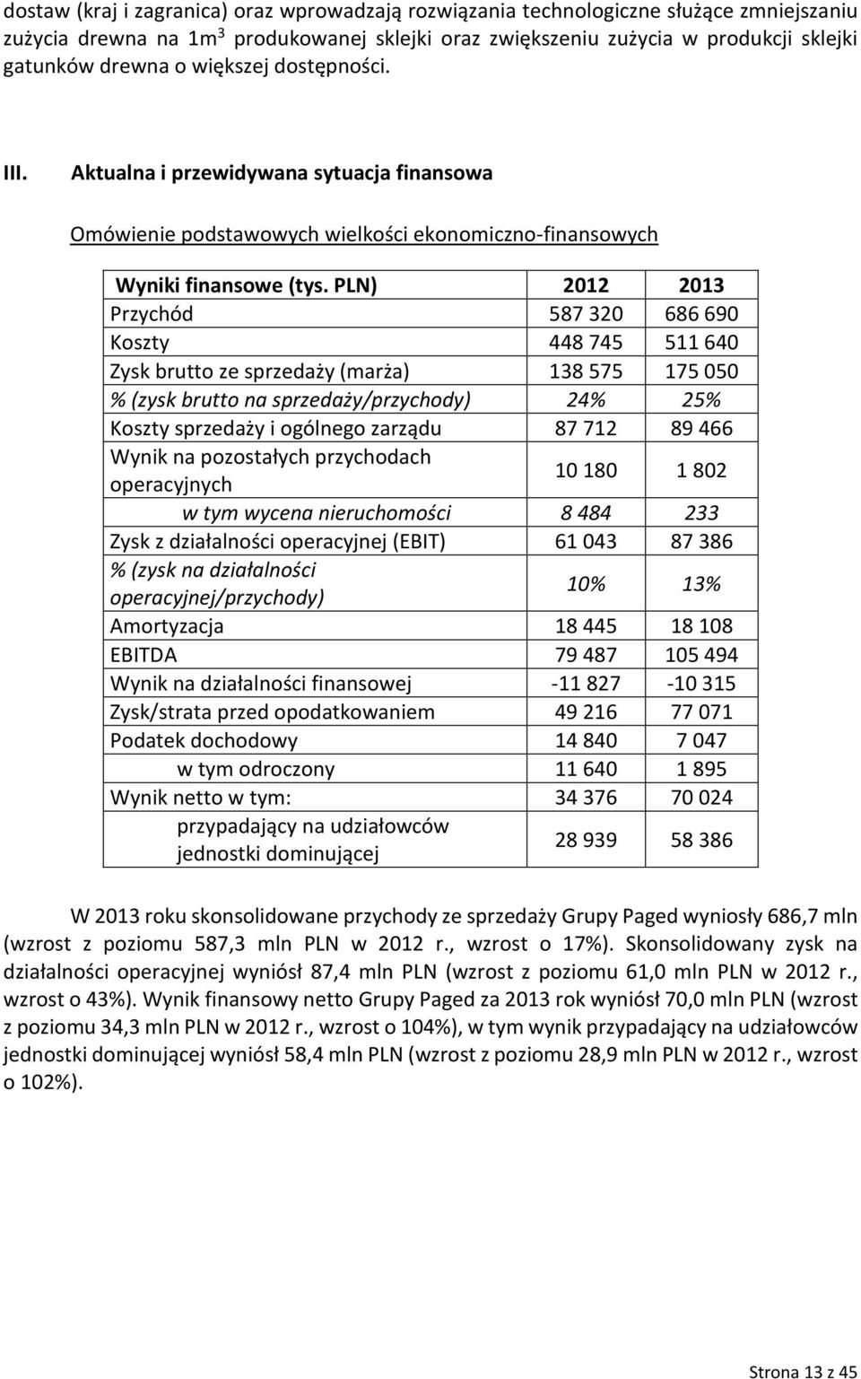 PLN) 2012 2013 Przychód 587 320 686 690 Koszty 448 745 511 640 Zysk brutto ze sprzedaży (marża) 138 575 175 050 % (zysk brutto na sprzedaży/przychody) 24% 25% Koszty sprzedaży i ogólnego zarządu 87
