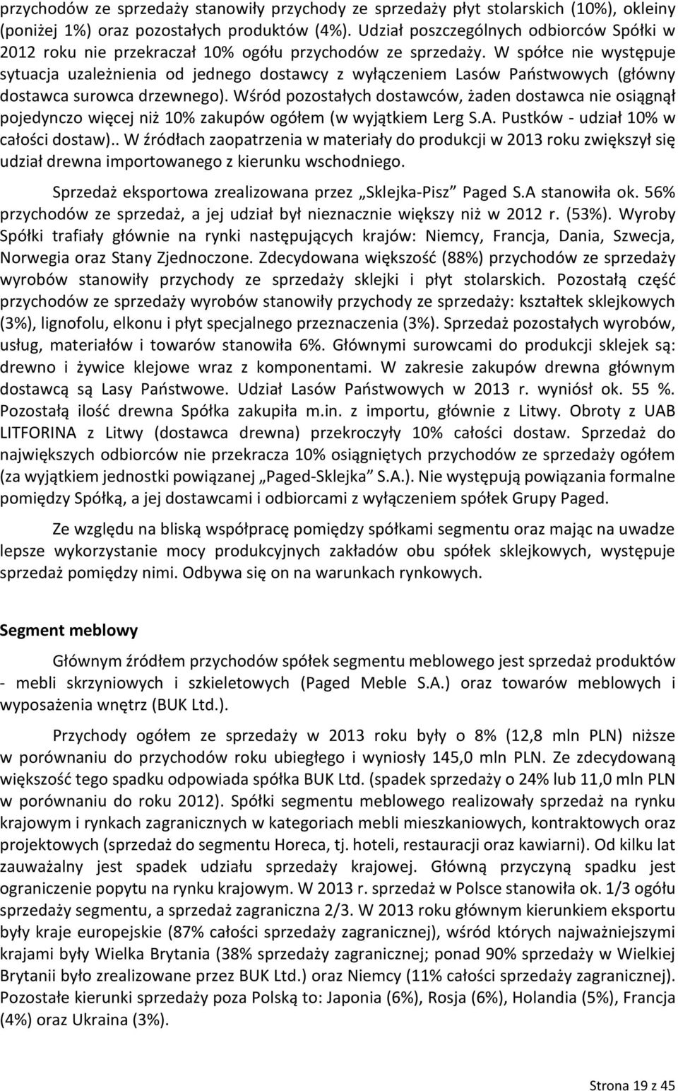 W spółce nie występuje sytuacja uzależnienia od jednego dostawcy z wyłączeniem Lasów Państwowych (główny dostawca surowca drzewnego).