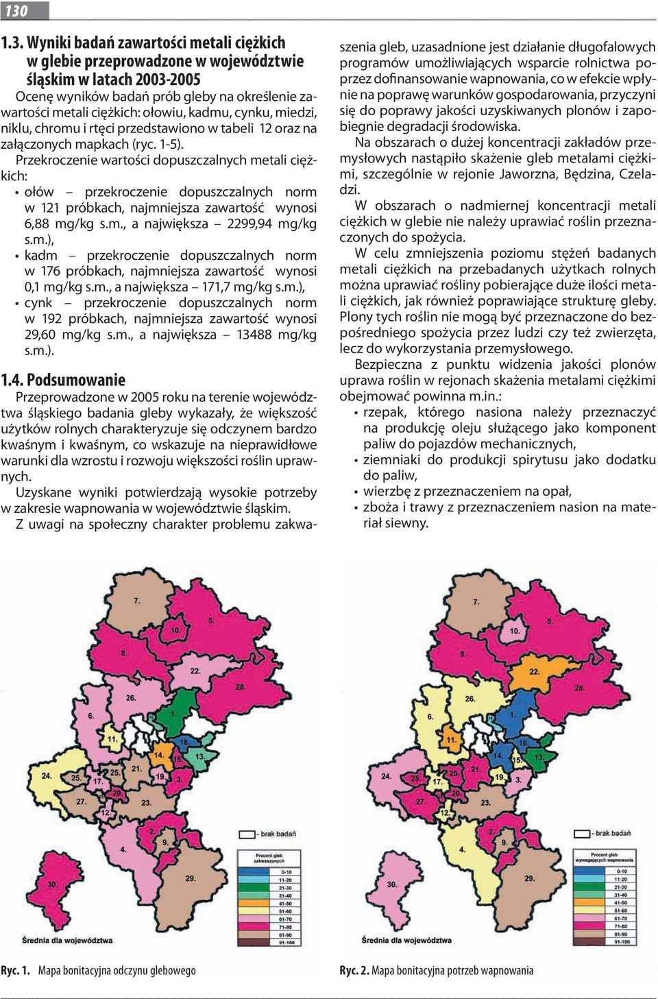 Przekroczenie wartości dopuszczalnych metali ciężkich: ołów przekroczenie dopuszczalnych norm w 121 próbkach, najmniejsza zawartość wynosi 6,88 mg/kg s.m., a największa 2299,94 mg/kg s.m.), kadm przekroczenie dopuszczalnych norm w 176 próbkach, najmniejsza zawartość wynosi 0,1 mg/kg s.