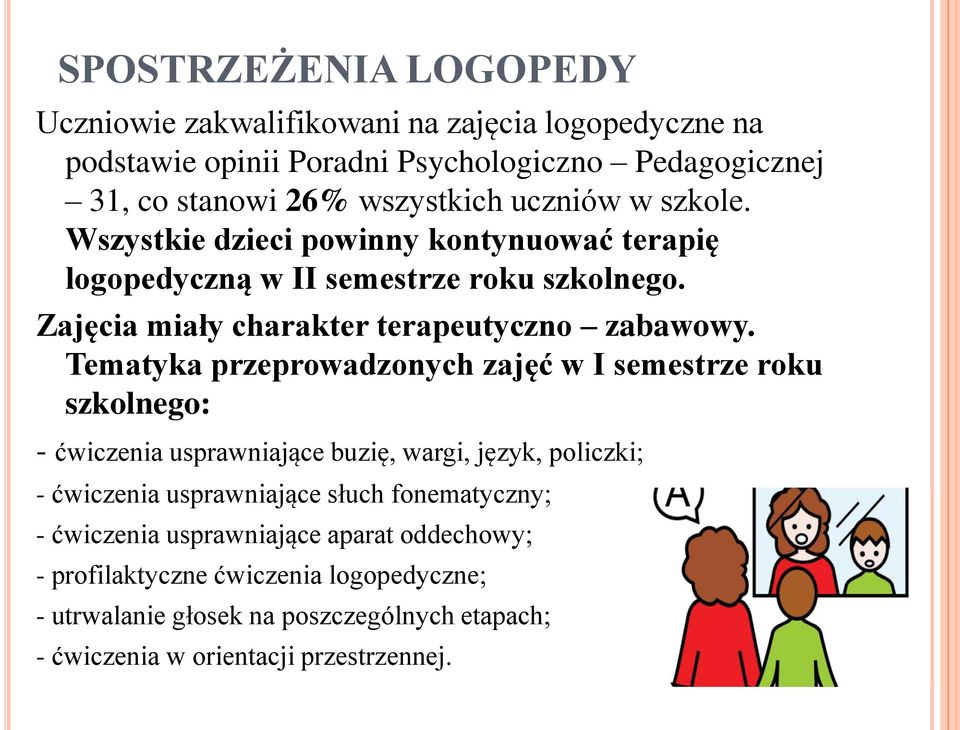 Tematyka przeprowadzonych zajęć w I semestrze roku szkolnego: - ćwiczenia usprawniające buzię, wargi, język, policzki; - ćwiczenia usprawniające słuch