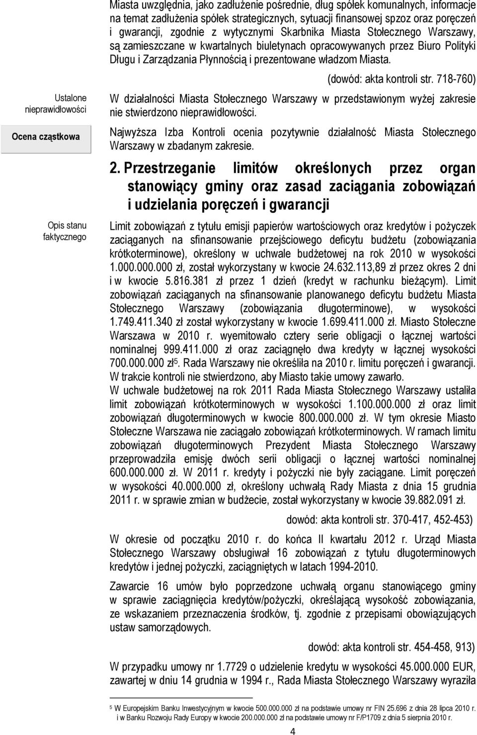 Zarządzania Płynnością i prezentowane władzom Miasta. (dowód: akta kontroli str. 718-760) W działalności Miasta Stołecznego Warszawy w przedstawionym wyżej zakresie nie stwierdzono nieprawidłowości.