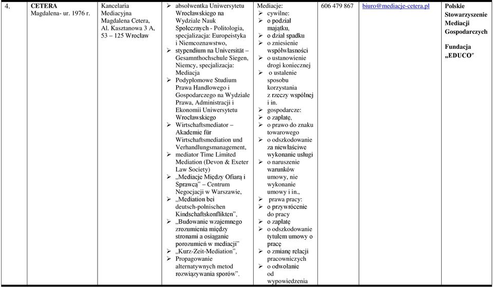 Gesamnthochschule Siegen, Niemcy, specjalizacja: Mediacja Podyplomowe Studium Prawa Handlowego i Gospodarczego na Wydziale Prawa, Administracji i Ekonomii Uniwersytetu Wrocławskiego