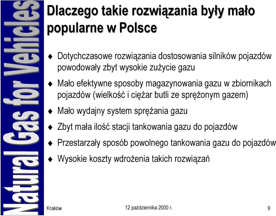 ciężar butli ze sprężonym gazem) Mało wydajny system sprężania gazu Zbyt mała ilość stacji tankowania gazu do pojazdów