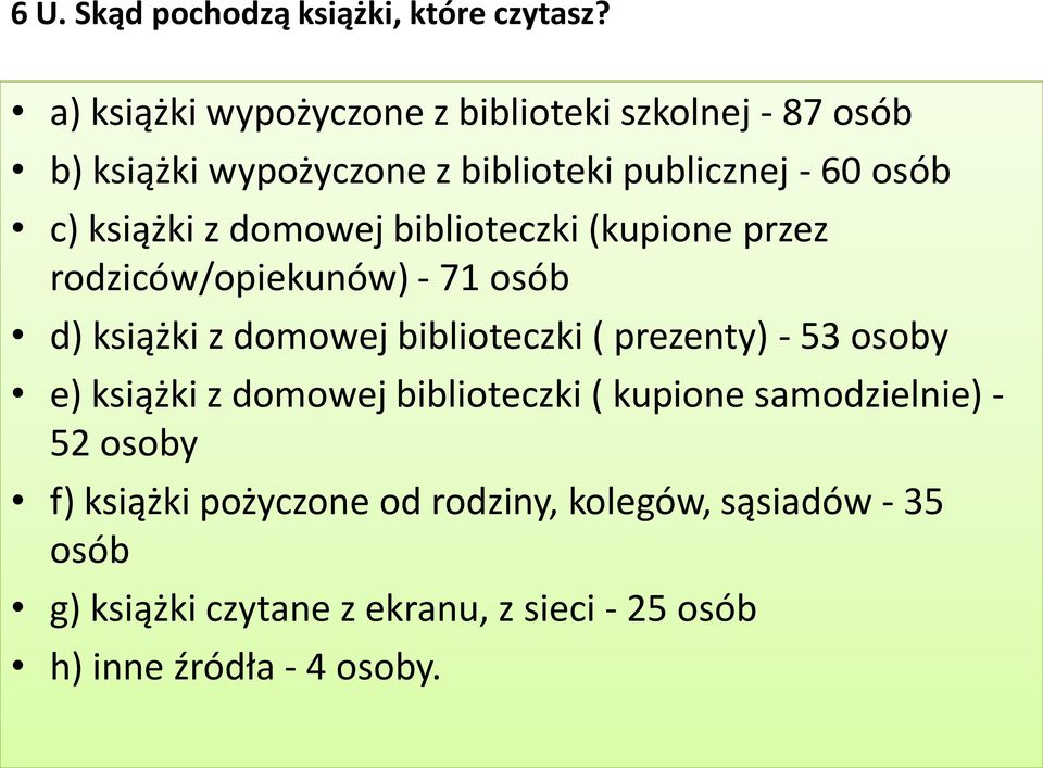 z domowej biblioteczki (kupione przez rodziców/opiekunów) - 71 osób d) książki z domowej biblioteczki ( prezenty) - 53