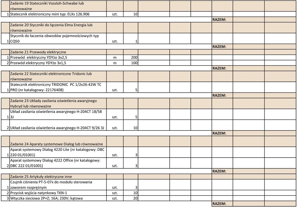 1 Zadanie 21 Przewody elektryczne 1 Przewód elektryczny YDYżo 3x2,5 m 200 2 Przewód elektryczny YDYżo 3x1,5 m 100 Zadanie 22 Stateczniki elektroniczne Tridonic lub równoważne Statecznik elektroniczny