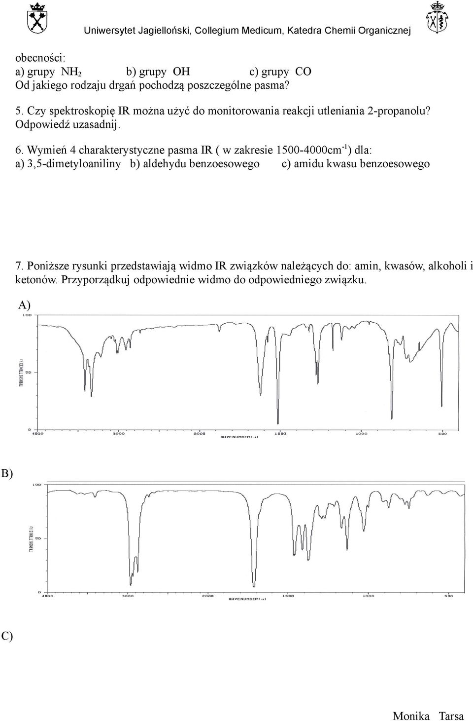 Wymień 4 charakterystyczne pasma IR ( w zakresie 1500-4000cm-1) dla: a) 3,5-dimetyloaniliny b) aldehydu benzoesowego c) amidu