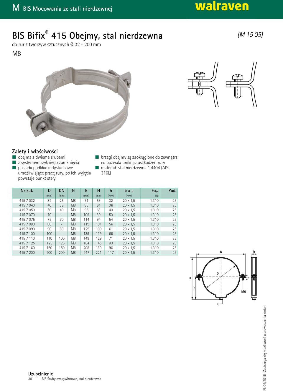 4404 (AISI 316L) Nr kat. D DN G B H h b x s Fa,z Pud. (mm) (mm) (mm) (mm) (mm) (mm) (N) 415 7 032 32 25 M8 71 53 32 20 x 1,5 1.310 25 415 7 040 40 32 M8 85 61 36 20 x 1,5 1.