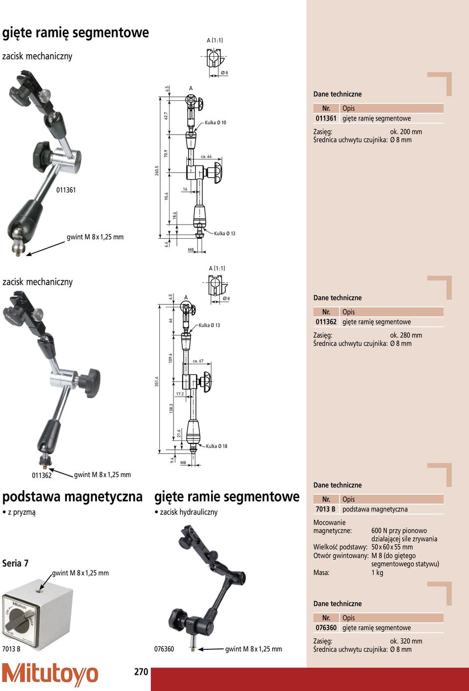 280 Średnica uchwytu czujnika: Ø 8 Kulka Ø 18 podstawa magnetyczna z pryzmą Seria 7 011362 gwint M 8 x 1,25 gwint M 8 x 1,25 gięte ramie segmentowe zacisk hydrauliczny Opis 7013 B