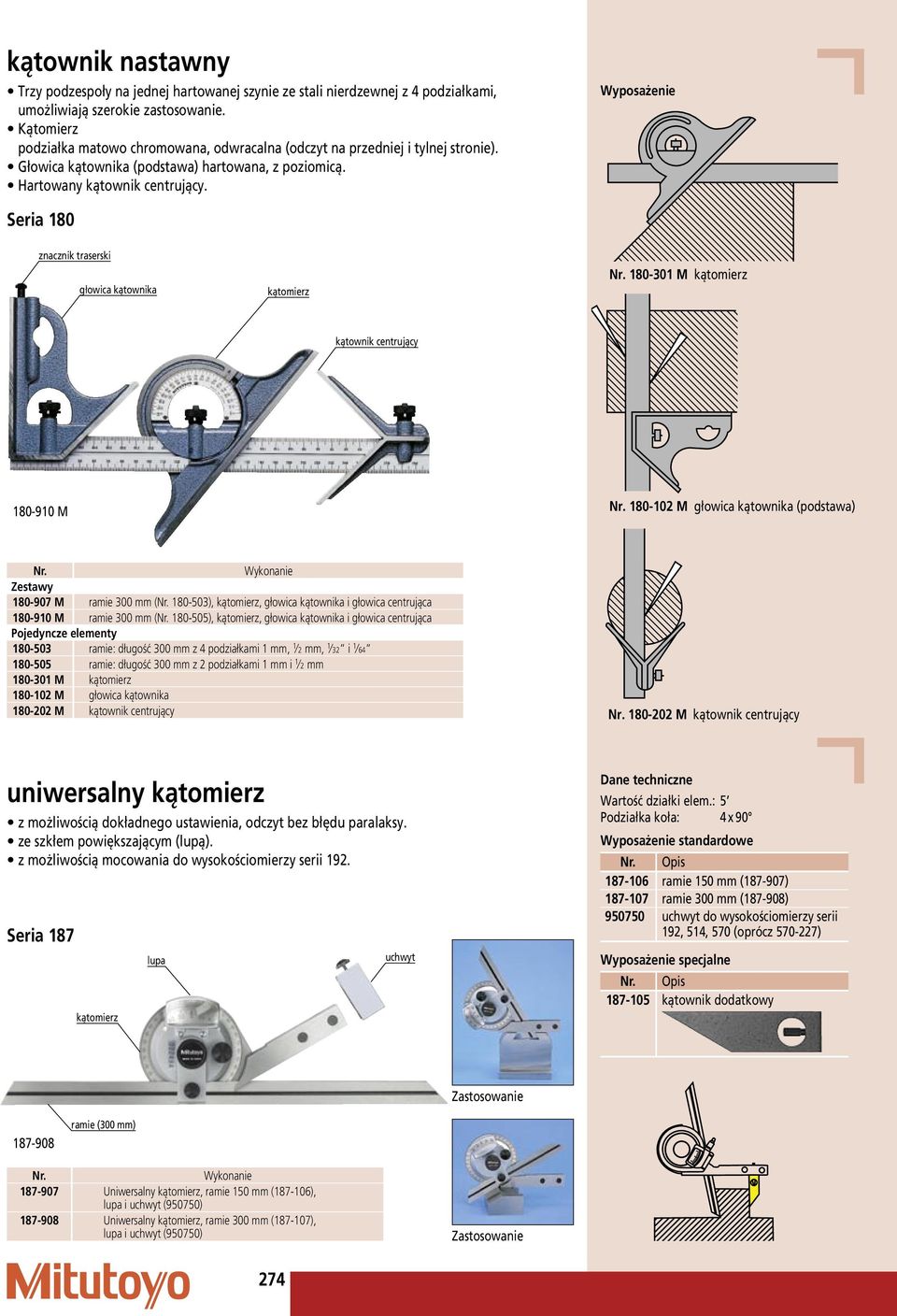 Wyposażenie Seria 180 znacznik traserski głowica kątownika kątomierz 180 301 M kątomierz kątownik centrujący 180 910 M 180 102 M głowica kątownika (podstawa) Wykonanie Zestawy 180-907 M ramie 300 (